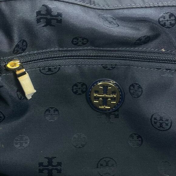 Tory Burch Small Ella Patent Leather Tote Bag Nylon Purse Navy Blue - Picture 9 of 11